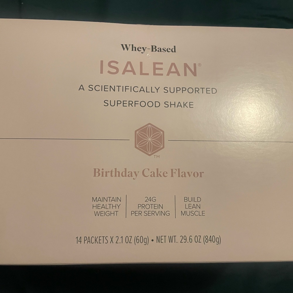 New box of Isagenix birthday cake shake packets box contains 14 packets